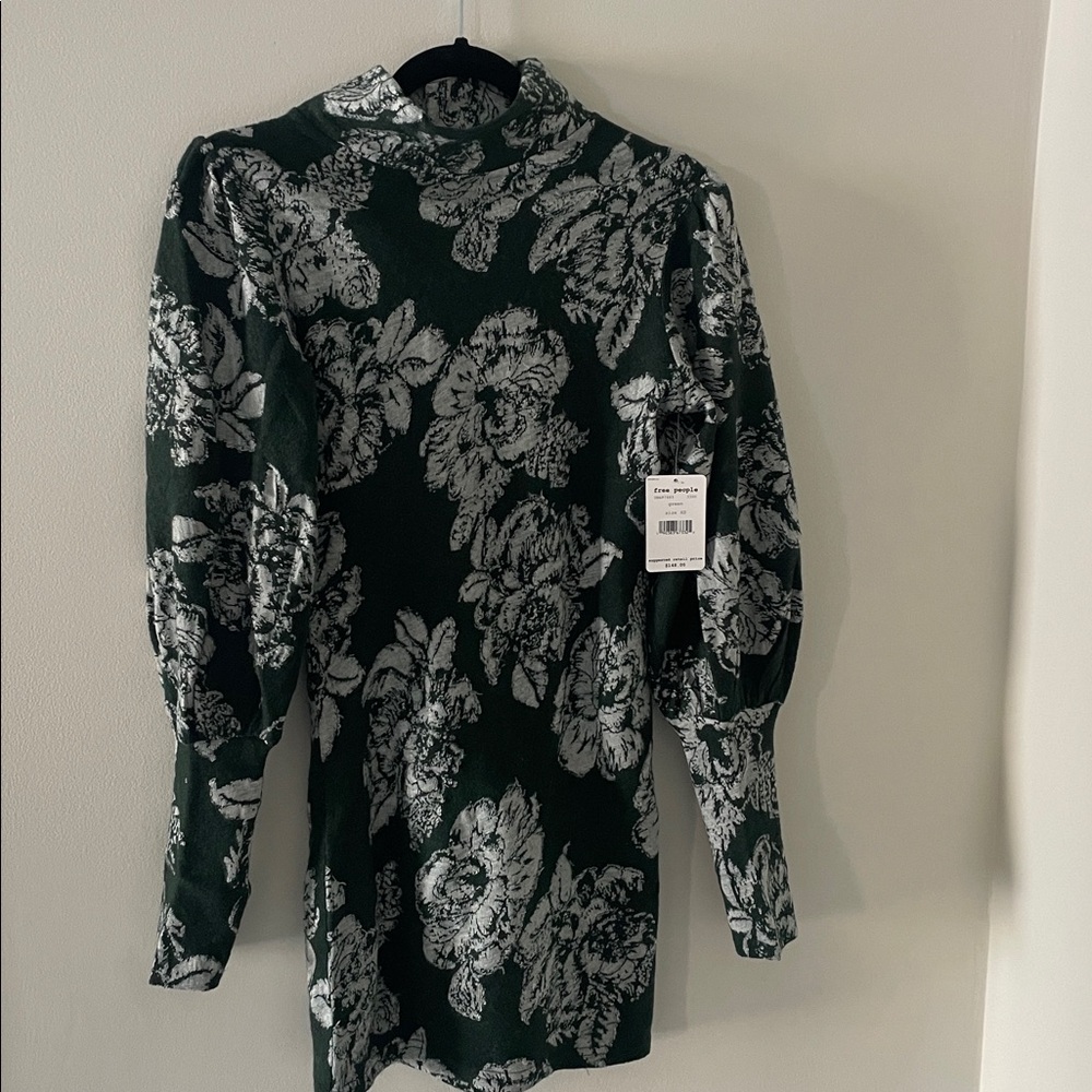 Free People Farrah Wool Blend Mini Dress Green Floral Mock Neck